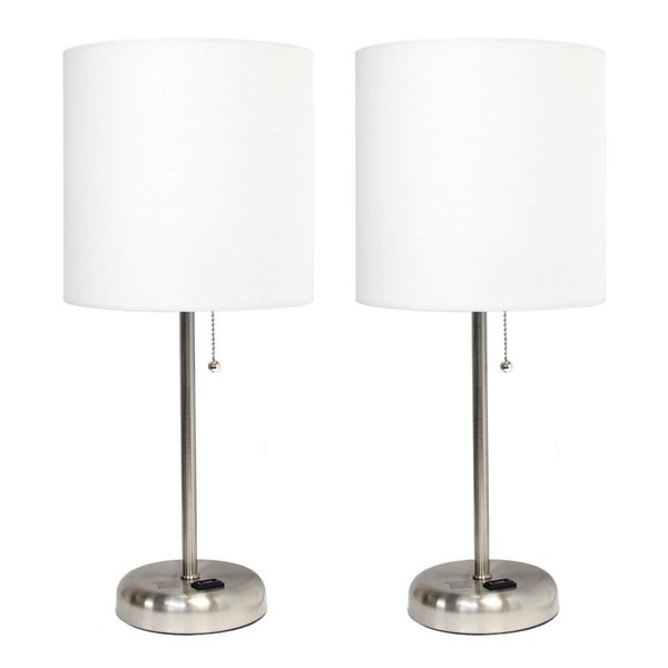 Diamond Sparkle Brushed Steel Stick Table Lamp with Charging Outlet & Fabric Shade, White - Set of 2 DI2519790